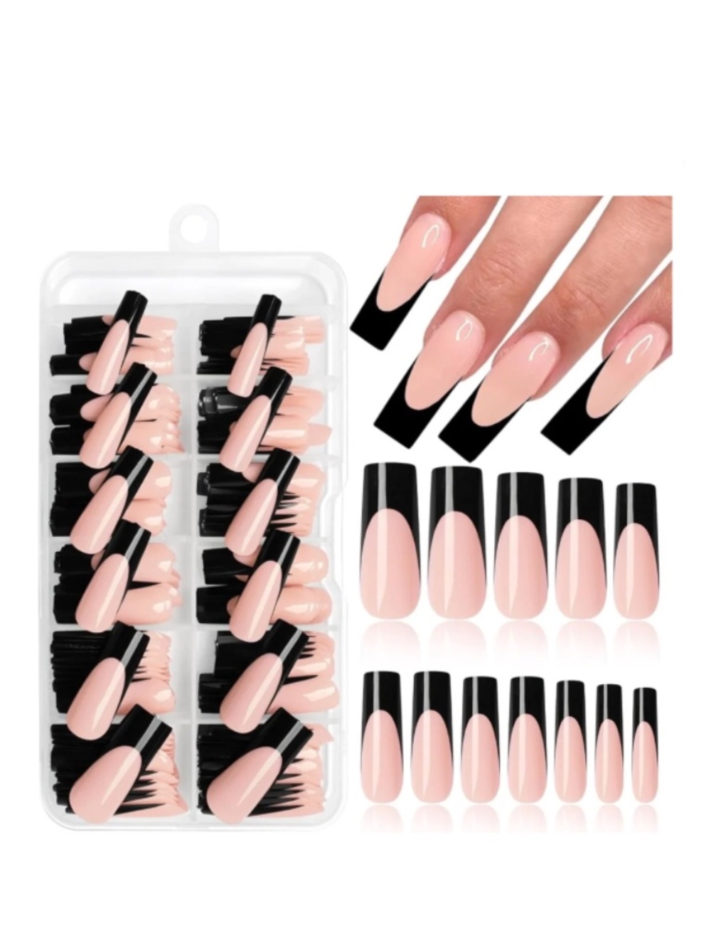 Nude Pink And Black French Tip Long Square Press-On Nails